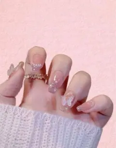 新品　ネイルチップ　ピンク　蝶々　ちゅるん　SHEIN　shein　シーイン