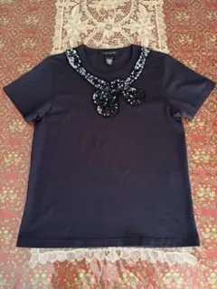 美品☆マークジェイコブス ピュアコットンＴシャツ スパンコールのリボン 紺M
