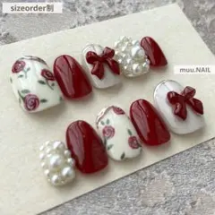 ネイルチップ ニュアンス フラワー リボン アンティーク フレンチガーリー