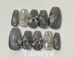 ネイルチップ　韓国　ワンホン　ハート　ブラック　マグネット　推し活　キルティング