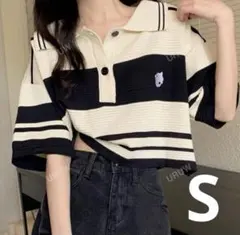 ポロ シャツ ニット クロップド丈 トップス S 半袖 クリーム 黒 ボーダー