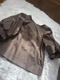 ブラウン チェック柄 パフスリーブブラウス M