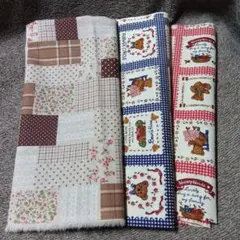 新品★クマと花柄のコットンプリント生地　3枚セット　平成レトロ　ハギレ