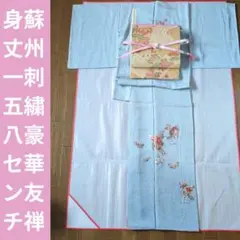 蘇州刺繍の訪問着　2点セット　袋帯　正絹　たたき染め　暈し染め　総刺繍　玉椿　青