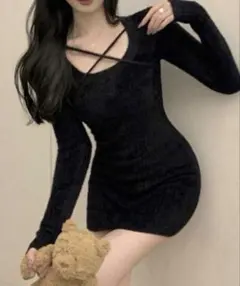 シーイン　黒 クロスネック タイト　ミニワンピース