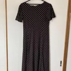 茶色 水玉模様 半袖ロングワンピース