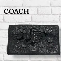 COACH ショルダーウォレット 紐なし 花柄 ブラック レディース