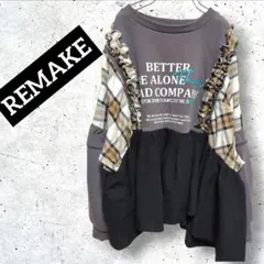 FR　トレーナー・チェックシャツ×アシメントリースカートドッキング　古着リメイク