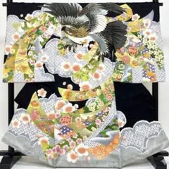 新品 正絹 産着 お宮参り 男の子 初着 着物 鷹 束ね熨斗 日本製 黒 刺繍入
