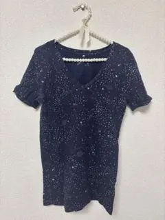 星空柄 Vネック 半袖Tシャツ ネイビーのサムネイル