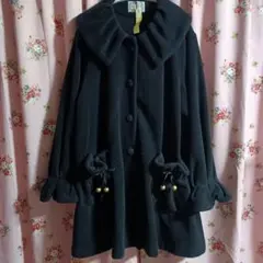 オプティOptiギャザー襟ビッグカラーリボンフリル付き黒ブラックロングコート