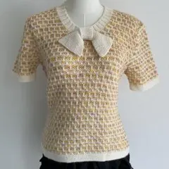 Hand made リボン襟 半袖ニット くすみイエロー×アイボリー 森ガール