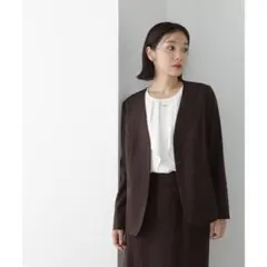 【美品】NATURAL BEAUTY BASIC ノーカラーブラウンジャケット