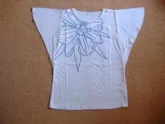 Tシャツ◎フレア袖◎青カトレア柄◎白地◎Lサイズ