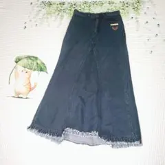 美品✨デニムフレアロングスカート 裾フリンジ【M】綿100 体型カバー きれいめ