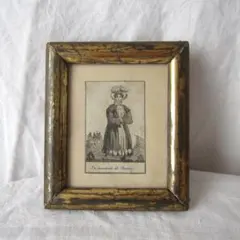フランスアンティーク 銅版画 コートの女性 木製額