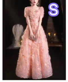 ピンク フラワー刺繍 ロングドレス パーティードレス　二次会　イブニングドレスS