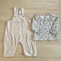 韓国子供服　オーバーオール　花柄トップス　2点セット　コーデュロイ　サロペット