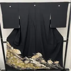 c*️様 黒留袖 正絹 箔押し 金彩 扇に花 比翼 五つ紋 着物 や-039