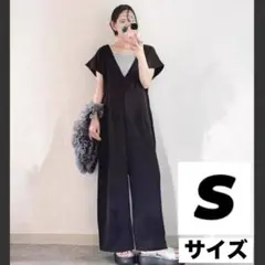 オールインワン レディース サロペット ワイドパンツ Vネック 体型カバー