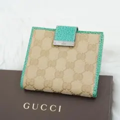 未使用品　GUCCI グッチ　二つ折り財布　レザー×キャンバス　金具　グリーン