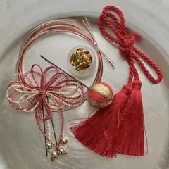 ヘアドレスセット　人気の金箔&水引アレンジ　ダブルタッセル　リボン　和装髪飾り