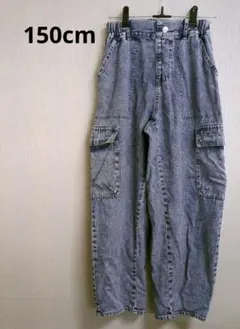 デニムブルー カーゴパンツ サイドポケット付き 〔150cm〕