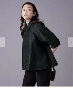 つけ襟付きふくれジャガードトップス黒