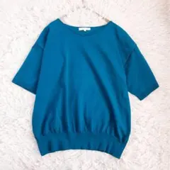 グローバルワーク 五分袖 ニット Vネック（M）青緑 ストレッチ ゆったり