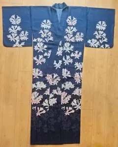 【美品】撫松庵 婦人 浴衣 紺地 花柄 洗える ゆかた ③のサムネイル