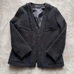 INDIVI ツイード ノーカラー ジャケット 黒 5号