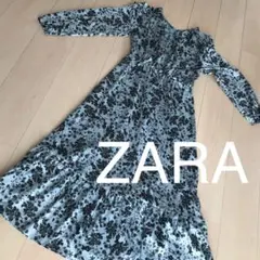 ZARA カシュクールワンピ　ブルー　サテン　花柄