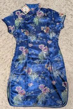 【新品タグ付き】花柄チャイナドレス　サテン青色　Мサイズ