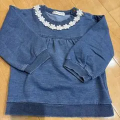 女の子　トレーナー 95cm デニムブルー 花柄刺繍モチーフ
