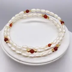 【鑑別付き】◆淡水真珠 ブレスレット◆赤天然石 ベビーパール 47cm アクセ