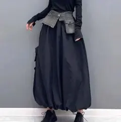 デニムドッキング　バルーンスカート　体型カバー　ロングスカート　モード　ブラック
