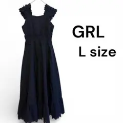 GRL フリルショルダー花柄刺繍コットンフレアワンピース ネイビー　L