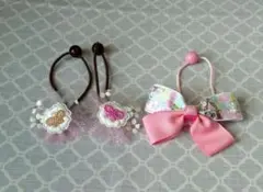 キッズヘアゴム2点セット♡チュールお花&リボン♡ピンクリボン&キラキラ