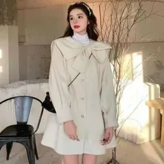 白 レディースゆったりポンチョコート 襟元リボン 韓国風 お洒落シンプルコート