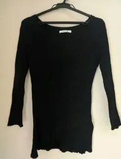 リブ編み コットン100%ブラック Vネック 7分袖 トップス
