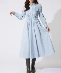 rienda フロントシャーリングリボンシャツフレアワンピース