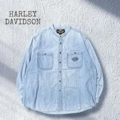 ハーレーダビッドソン ノーカラー デニムシャツ 刺繍 古着 バイカー アメカジ