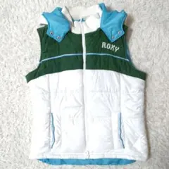 ROXY フード付きダウンベスト ホワイト/グリーン/ブルー