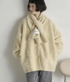 THEYOn ストールセットヘアリーシャギーノーカラーミドルコート イエロー