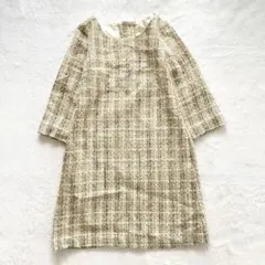 ツイード チェック柄 七分袖 Aライン ワンピース イエロー