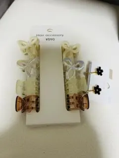 リボンデザイン ヘアクリップ4個セット+イヤリング1個