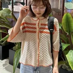 オレンジストライプ 半袖カーディガン
