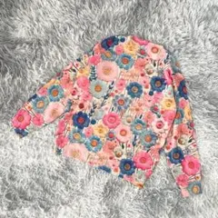 ニットセーター　長袖　総柄　花柄　刺繡風　フェミニン　ガーリー　ピンク　(S)