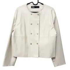 ZARA フェイクレザーノーカラージャケット S ホワイトベージュ ショート丈