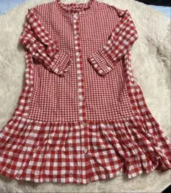 赤・白チェックの長袖ワンピース 120